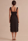Ruffled Thick Straps Midi Black Cocktail Dress with Slit