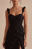 Ruffled Thick Straps Midi Black Cocktail Dress with Slit