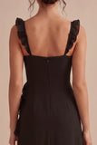 Ruffled Thick Straps Midi Black Cocktail Dress with Slit