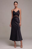 Mermaid Long Spaghetti Straps Black Tie Dress with Lace