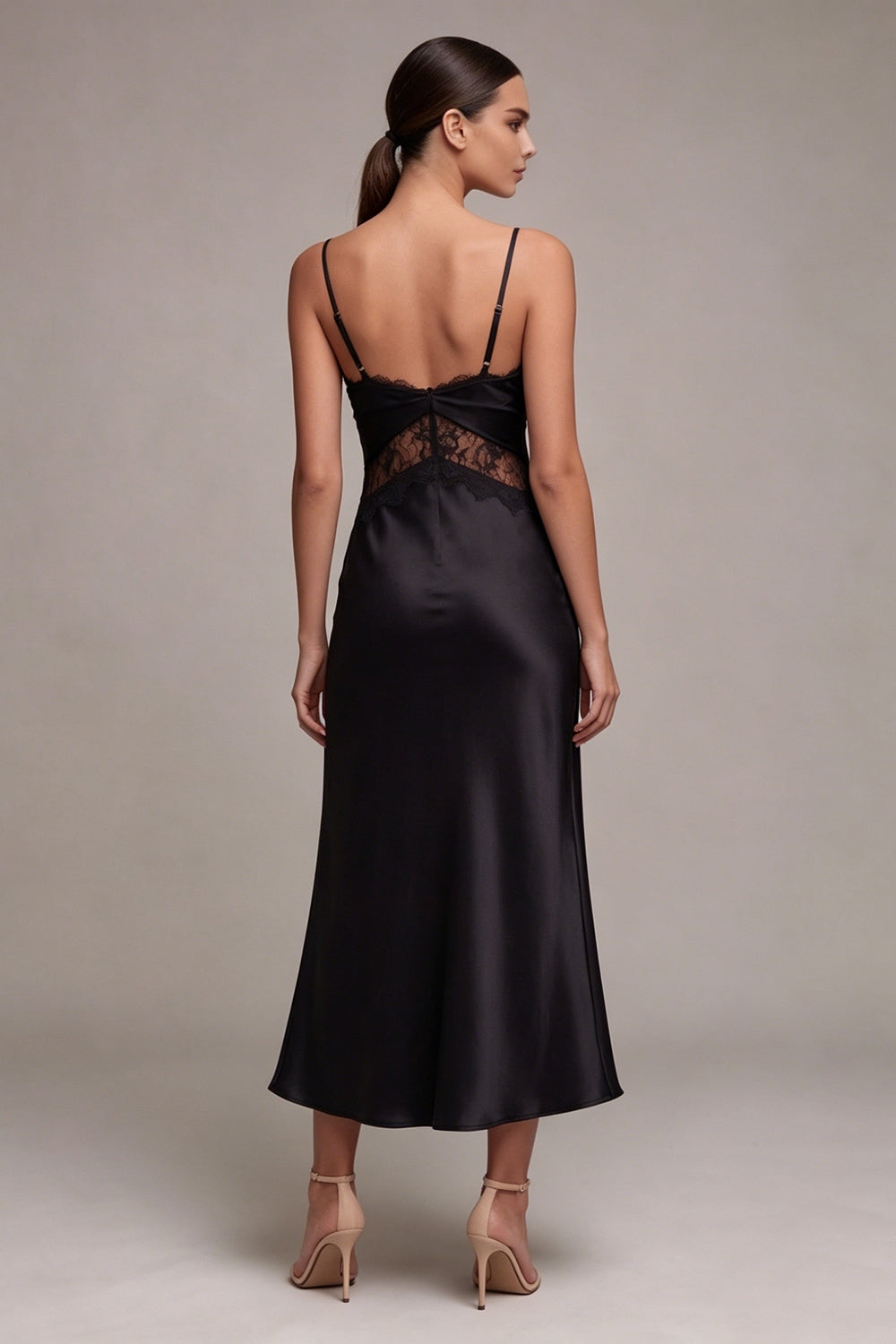 Mermaid Long Spaghetti Straps Black Tie Dress with Lace
