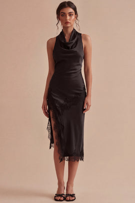 Zapakasa Women Black Midi Satin Cocktail Dress with Slit Mermaid Halter  Backless Semi Formal Dress with Lace