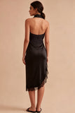 Halter Midi Black Mermaid Backless Cocktail Dress with Slit