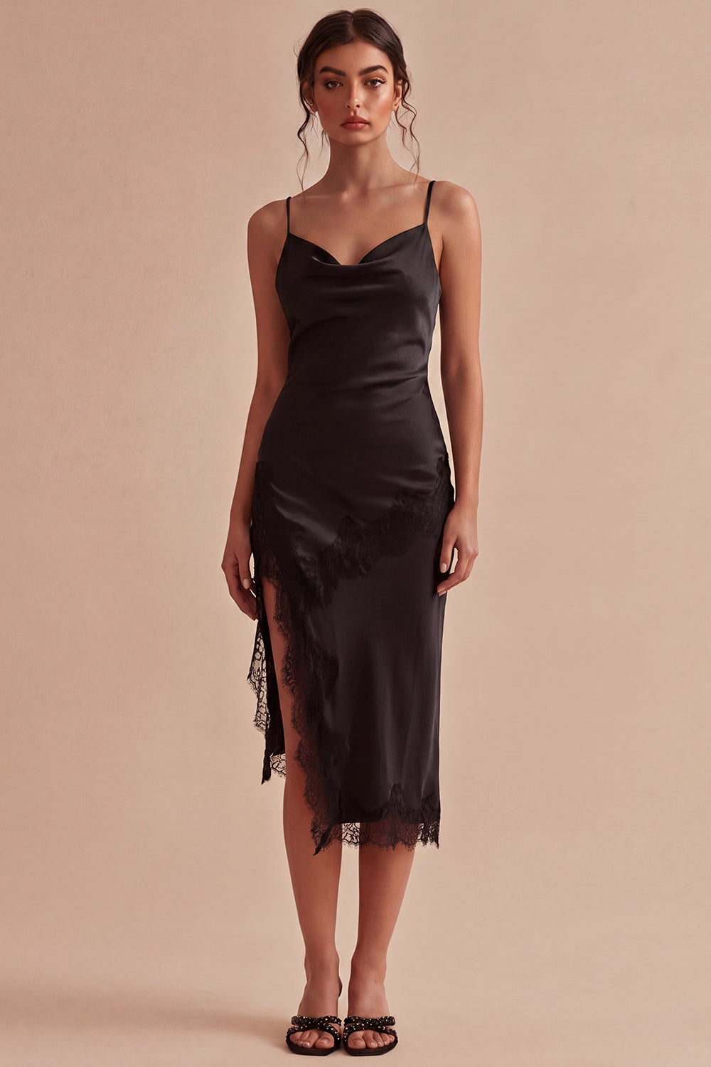 Zapakasa Women Black Midi Cocktail Dress with Slit Mermaid Spaghetti