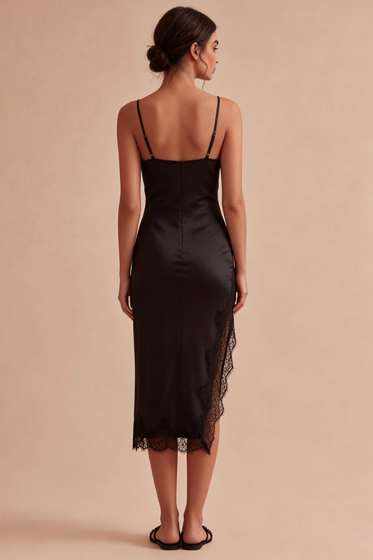 Spaghetti Straps Midi Black Bodycon Cocktail Dress with Slit