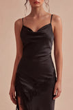 Spaghetti Straps Midi Black Bodycon Cocktail Dress with Slit