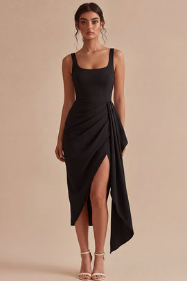 Scoop Bodycon Midi Ruched Black Cocktail Dress with Sash