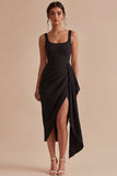 Scoop Bodycon Midi Ruched Black Cocktail Dress with Sash