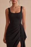 Scoop Bodycon Midi Ruched Black Cocktail Dress with Sash