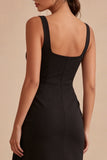 Scoop Bodycon Midi Ruched Black Cocktail Dress with Sash