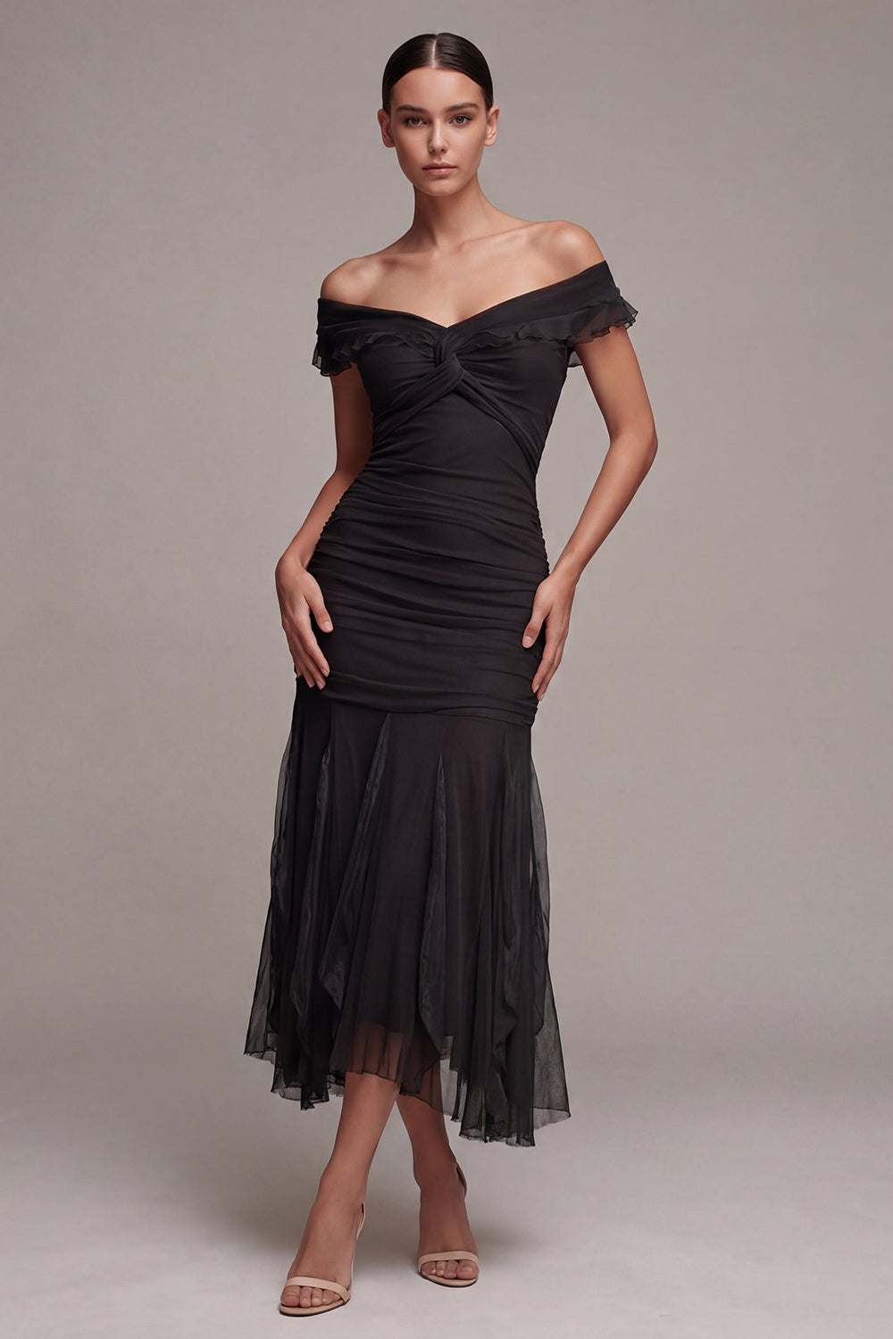 Off the Shoulder Mermaid Ruched Long Black Tie Dress with Ruffles