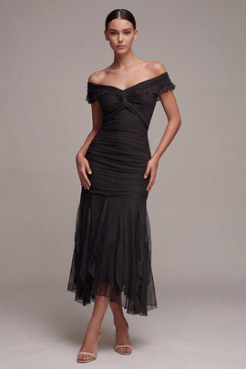 Off the Shoulder Mermaid Ruched Long Black Tie Dress with Ruffles