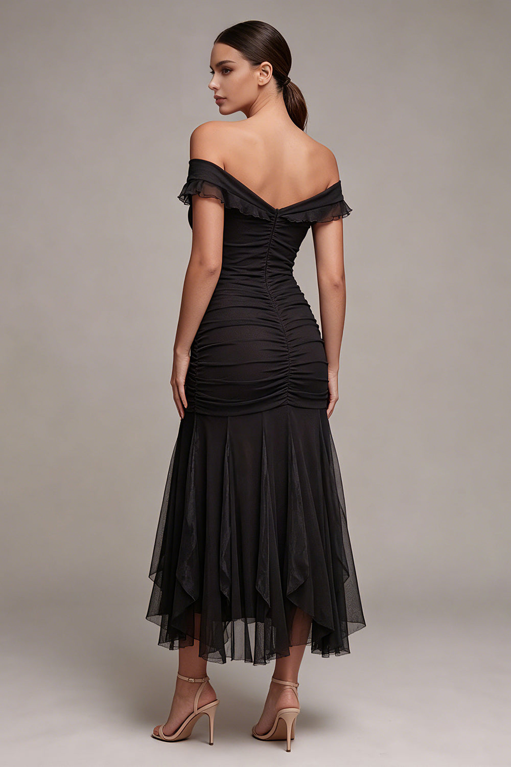 Off the Shoulder Mermaid Ruched Long Black Tie Dress with Ruffles