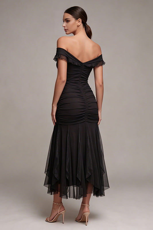 Off the Shoulder Mermaid Ruched Long Black Tie Dress with Ruffles