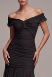 Off the Shoulder Mermaid Ruched Long Black Tie Dress with Ruffles
