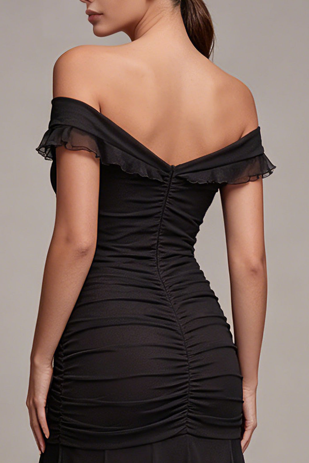 Off the Shoulder Mermaid Ruched Long Black Tie Dress with Ruffles