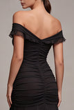 Off the Shoulder Mermaid Ruched Long Black Tie Dress with Ruffles