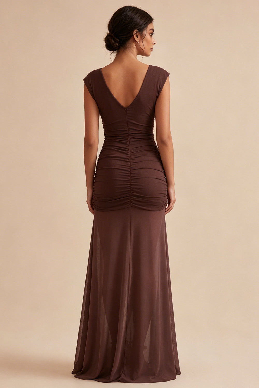 Brown V-Neck Ruched Long Mermaid Formal Dress