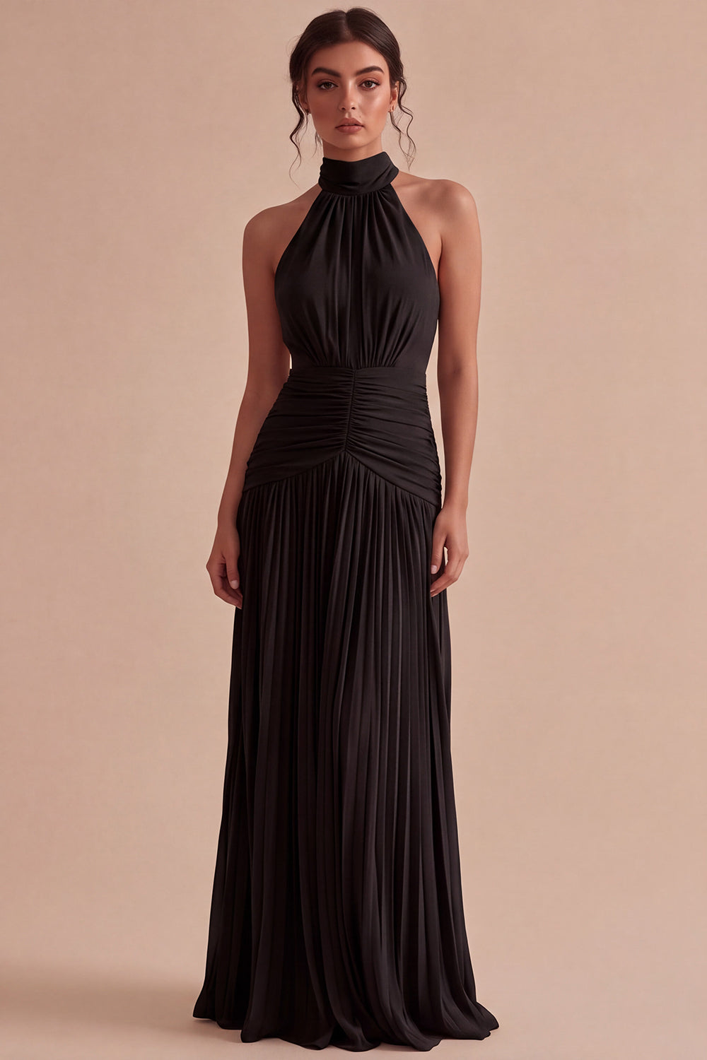 Dark Coffee Halter Ruched Long A Line Backless Formal Dress