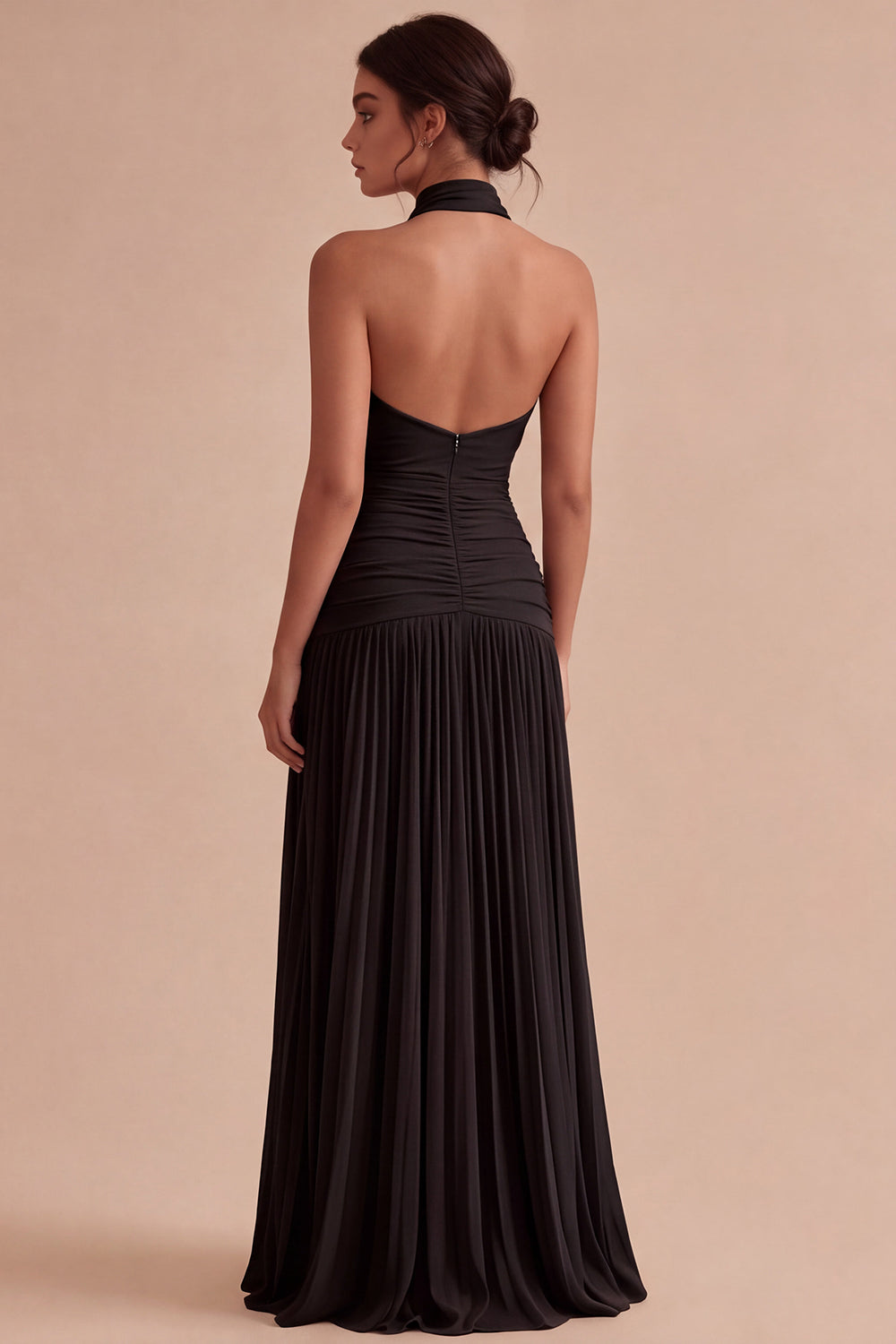 Dark Coffee Halter Ruched Long A Line Backless Formal Dress
