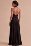 Dark Coffee Halter Ruched Long A Line Backless Formal Dress