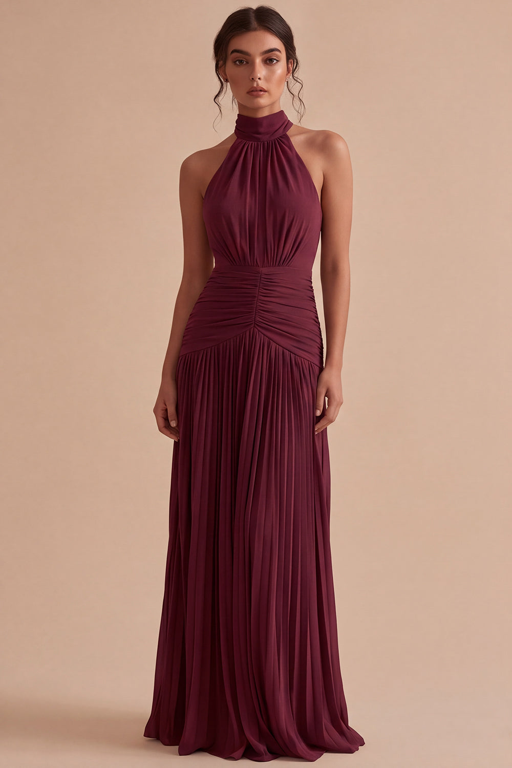 Dark Coffee Halter Ruched Long A Line Backless Formal Dress