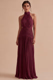 Dark Coffee Halter Ruched Long A Line Backless Formal Dress
