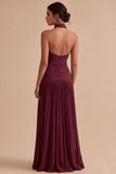 Dark Coffee Halter Ruched Long A Line Backless Formal Dress