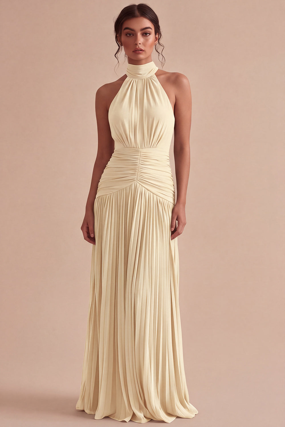 Dark Coffee Halter Ruched Long A Line Backless Formal Dress