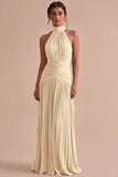 Dark Coffee Halter Ruched Long A Line Backless Formal Dress