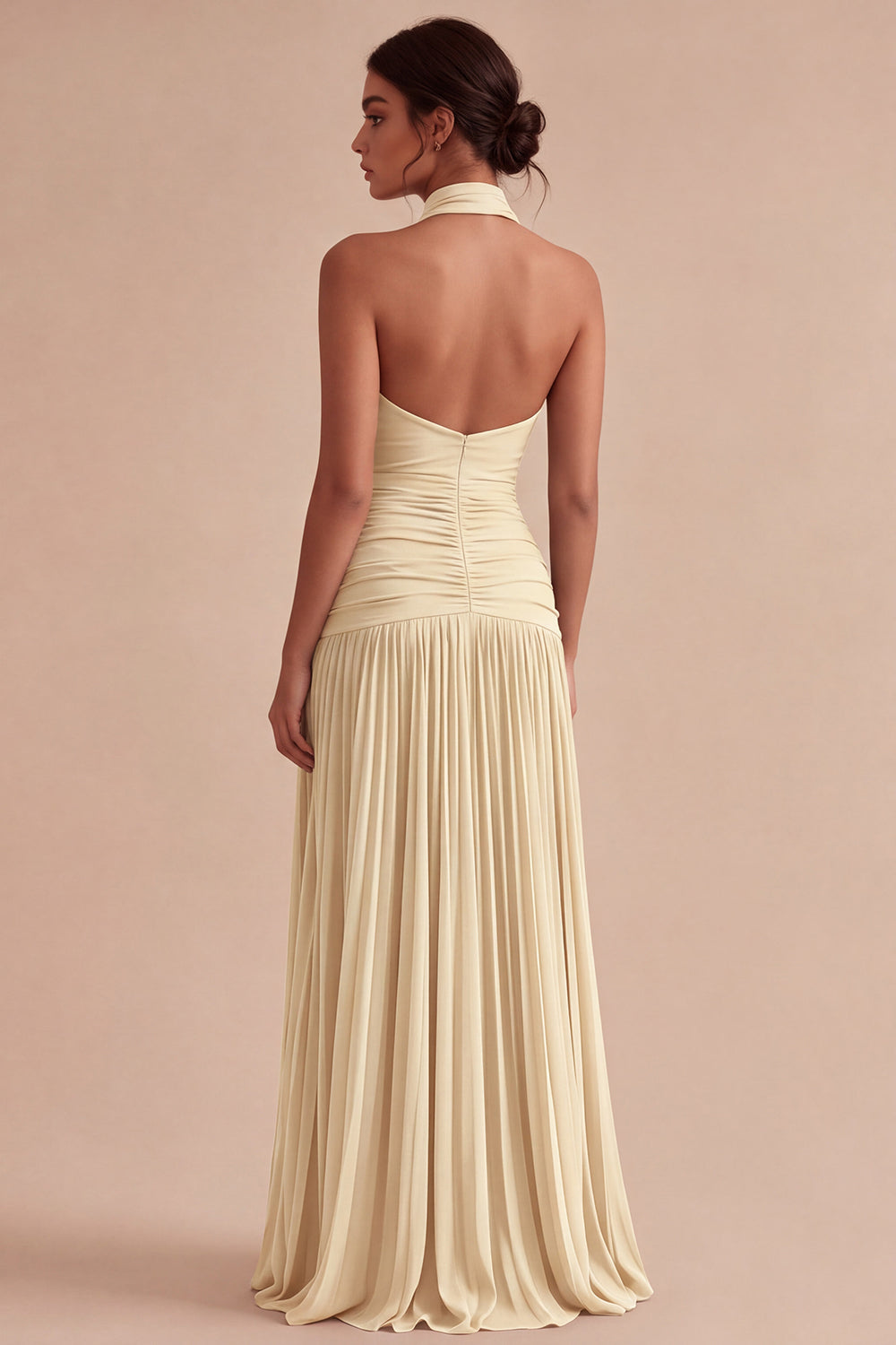 Dark Coffee Halter Ruched Long A Line Backless Formal Dress