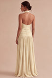 Dark Coffee Halter Ruched Long A Line Backless Formal Dress