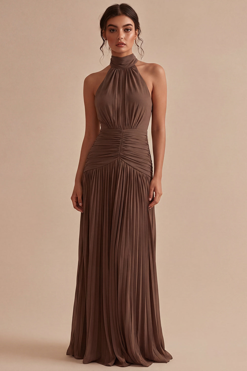 Dark Coffee Halter Ruched Long A Line Backless Formal Dress
