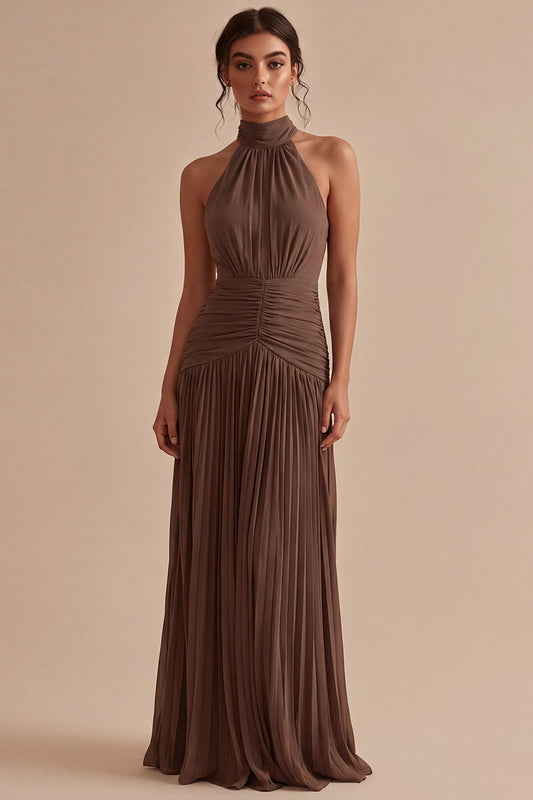 Dark Coffee Halter Ruched Long A Line Backless Formal Dress
