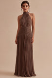 Dark Coffee Halter Ruched Long A Line Backless Formal Dress
