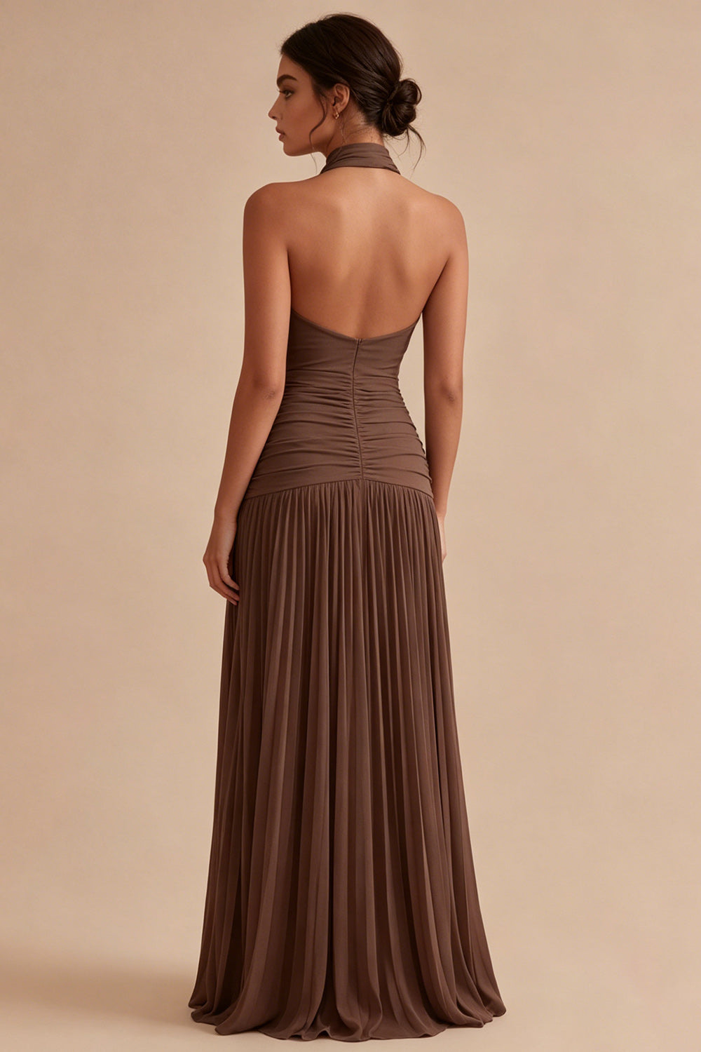 Dark Coffee Halter Ruched Long A Line Backless Formal Dress