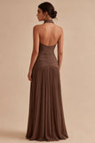 Dark Coffee Halter Ruched Long A Line Backless Formal Dress