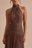 Dark Coffee Halter Ruched Long A Line Backless Formal Dress