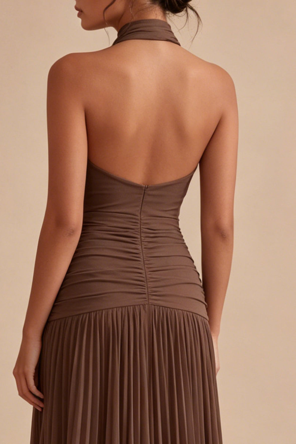 Dark Coffee Halter Ruched Long A Line Backless Formal Dress