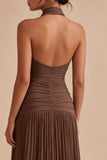 Dark Coffee Halter Ruched Long A Line Backless Formal Dress