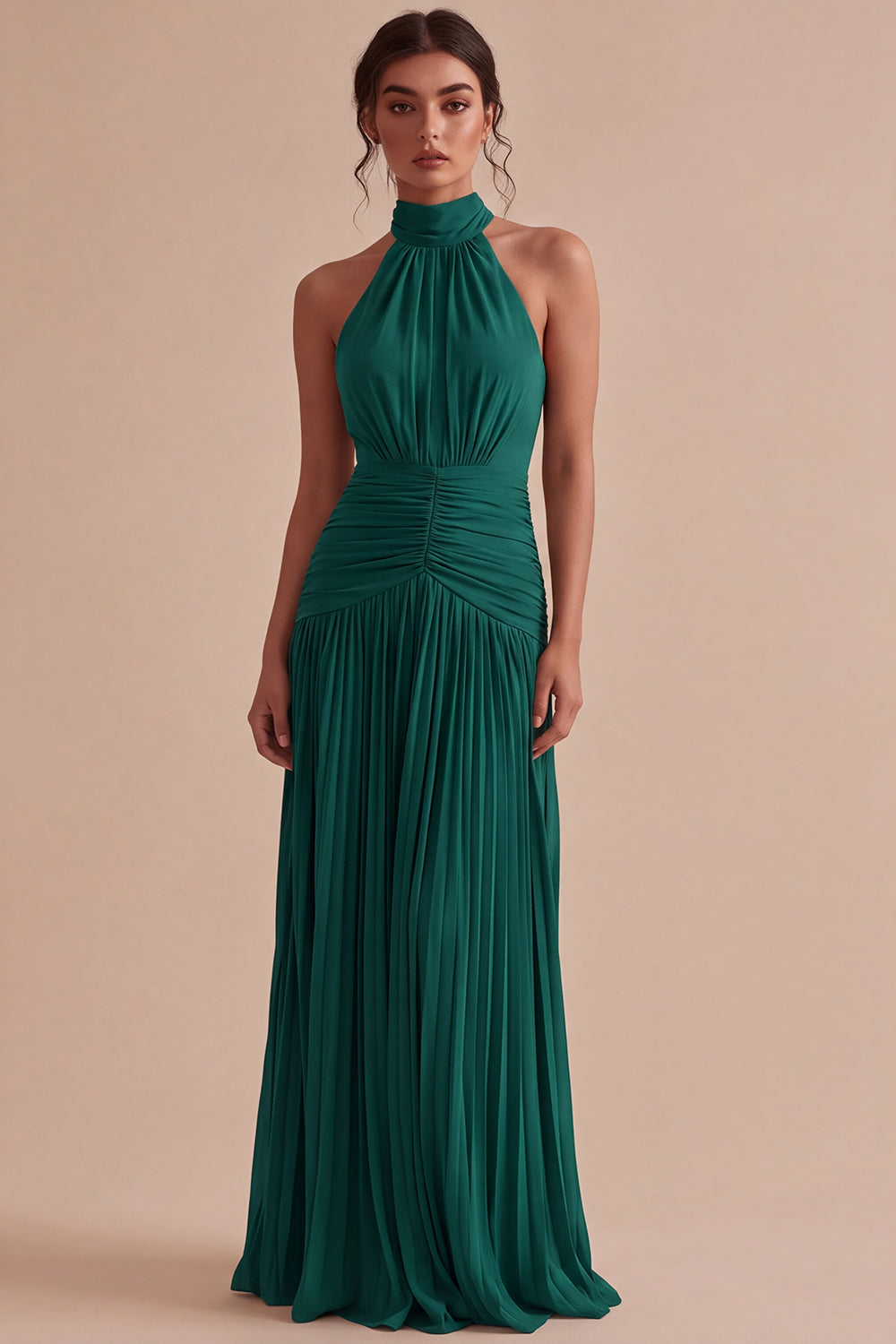 Dark Coffee Halter Ruched Long A Line Backless Formal Dress