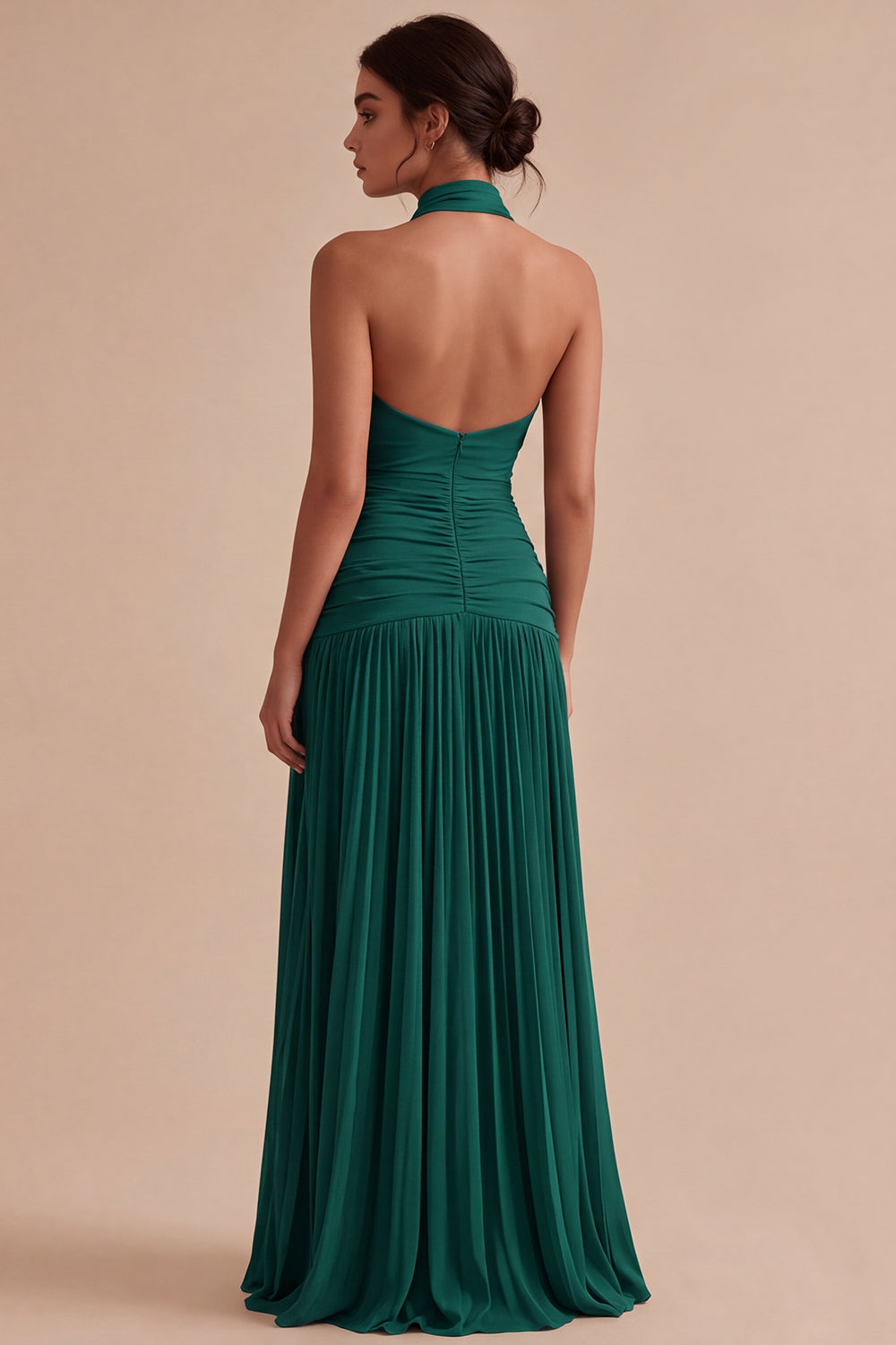 Dark Coffee Halter Ruched Long A Line Backless Formal Dress