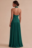 Dark Coffee Halter Ruched Long A Line Backless Formal Dress