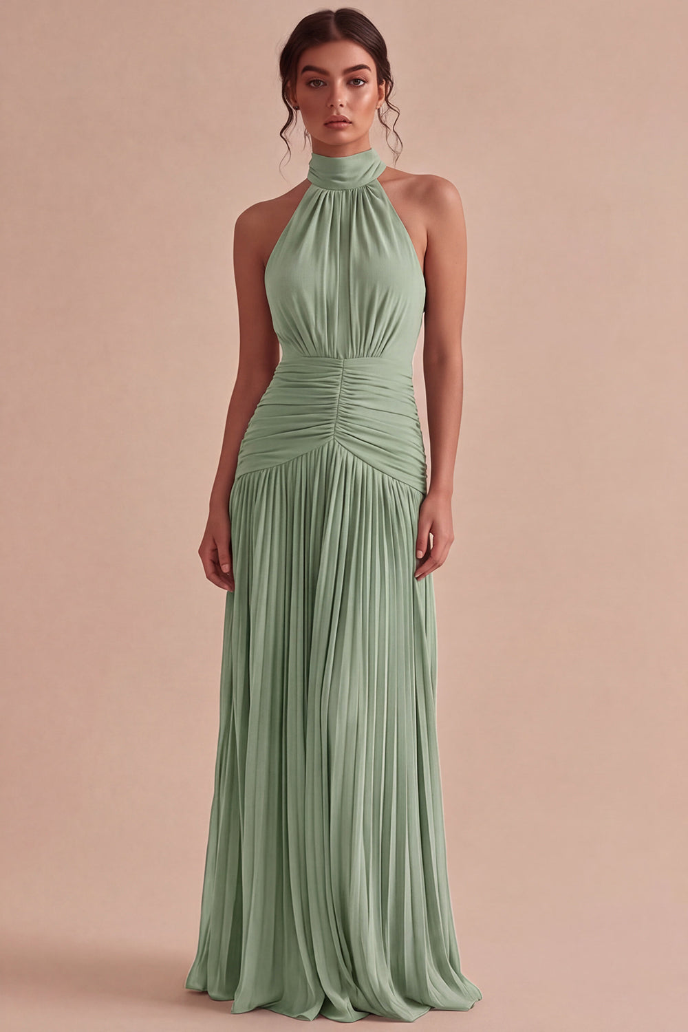 Dark Coffee Halter Ruched Long A Line Backless Formal Dress