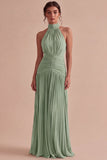 Dark Coffee Halter Ruched Long A Line Backless Formal Dress