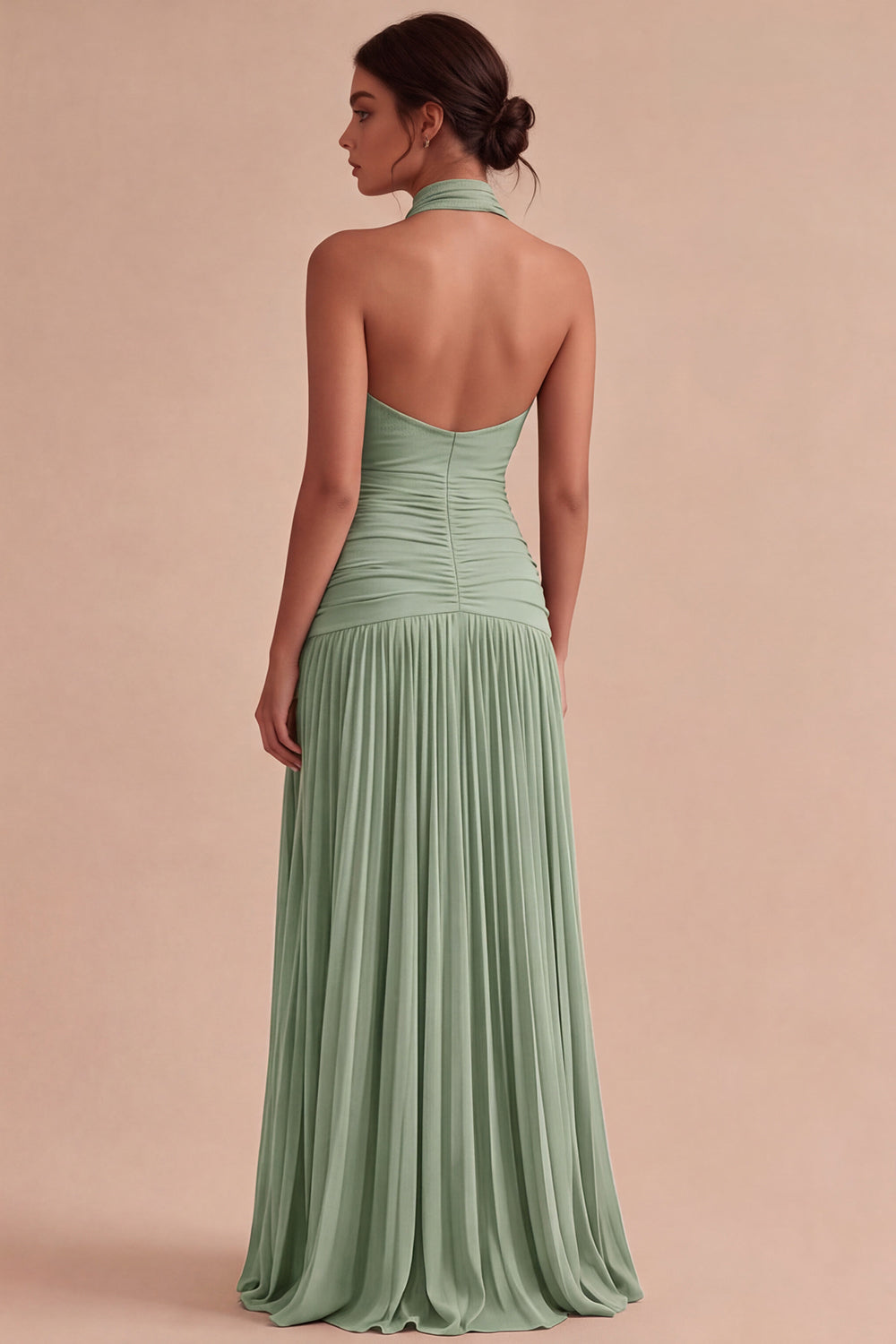 Dark Coffee Halter Ruched Long A Line Backless Formal Dress