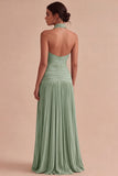 Dark Coffee Halter Ruched Long A Line Backless Formal Dress