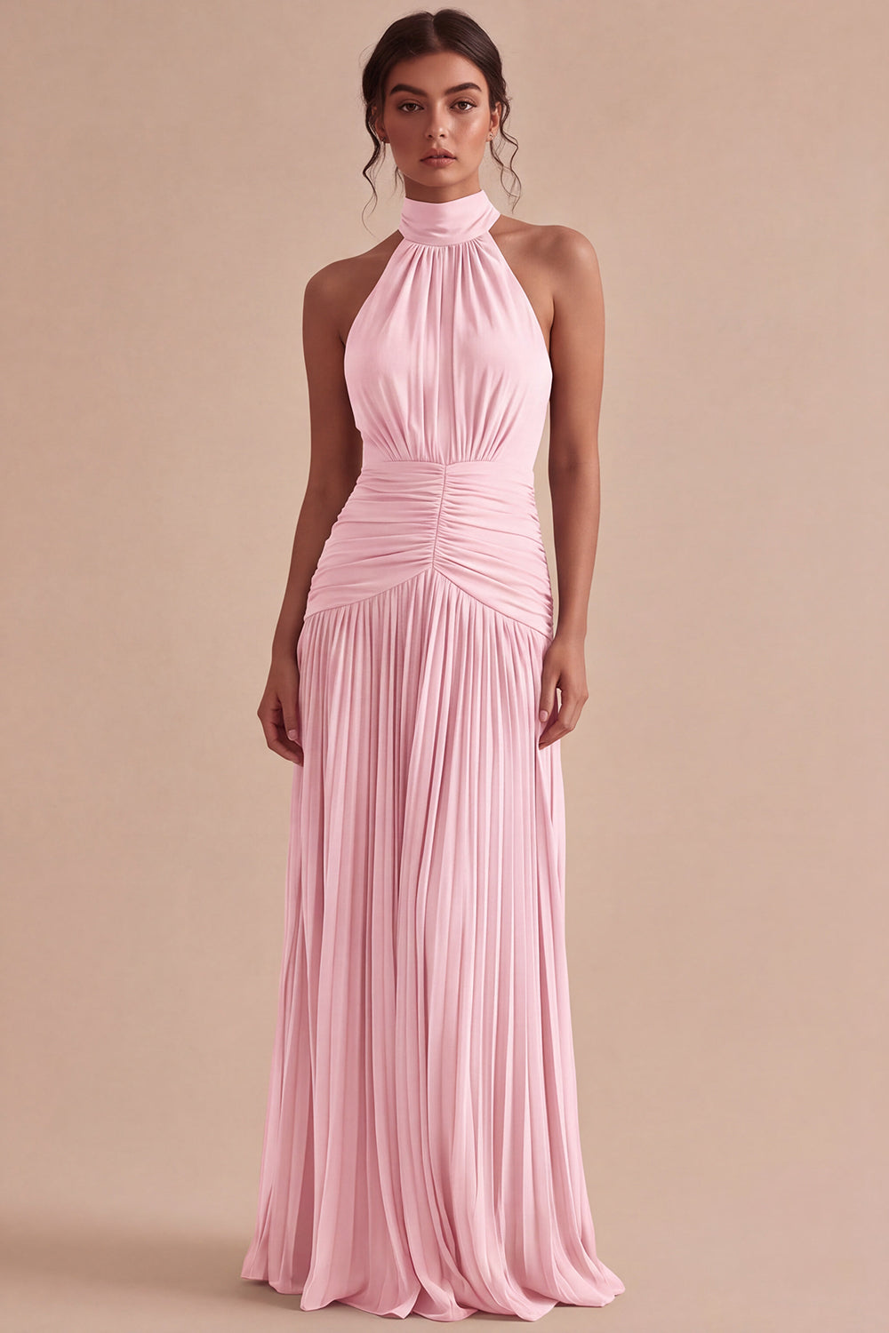 Dark Coffee Halter Ruched Long A Line Backless Formal Dress
