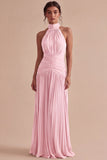 Dark Coffee Halter Ruched Long A Line Backless Formal Dress