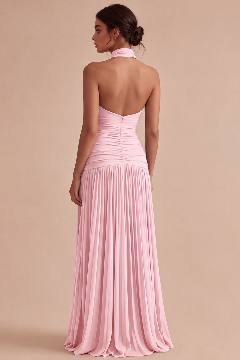 Dark Coffee Halter Ruched Long A Line Backless Formal Dress